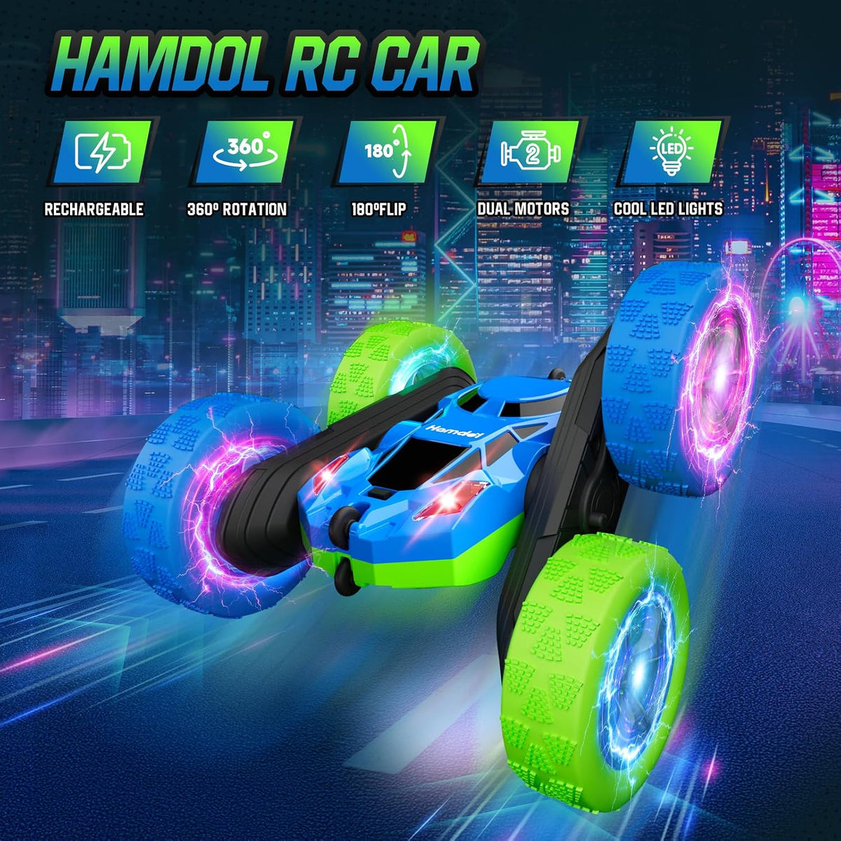 Hamdol Remote Control Car for Kids - Blue&green / Glow (Headlights & Wheel Lights) - image 2
