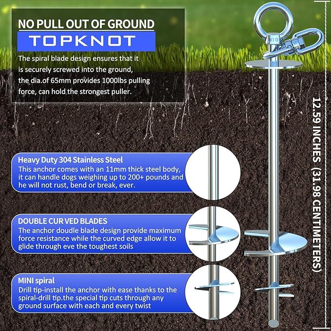 TOPKNOT Dog Tie Out Cable and Stake,(up to 200lbs) 30 ft Heavy Duty Cable,360°Swivel Run- No Tangle,Runner for Yard,Ideal for Outdoor Camping