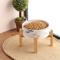 Black Elevated/Raised Dog Bowl Ceramic with Wood Stand for Medium - Marble Grey / 8 Inch - image 4