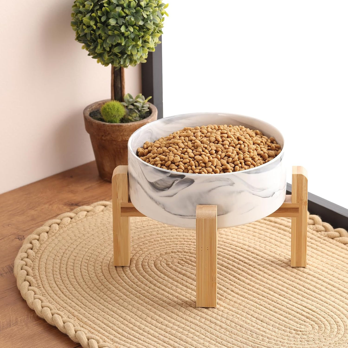 Black Elevated/Raised Dog Bowl Ceramic with Wood Stand for Medium - Marble Grey / 8 Inch - image 4