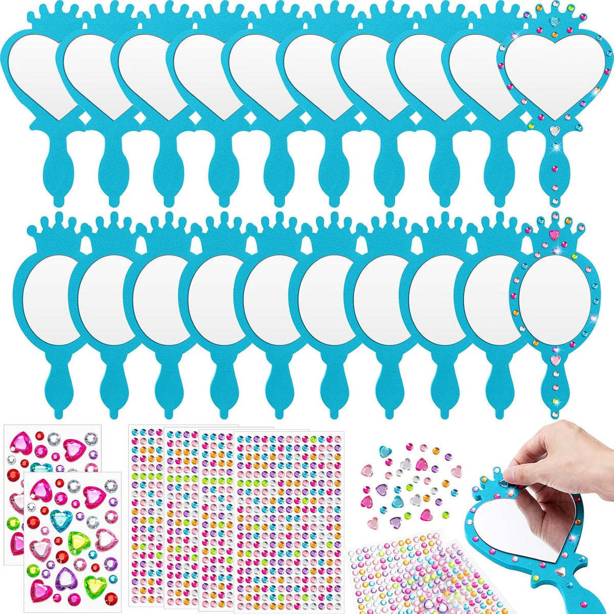 Geetery unbreakable kids mirror craft kit, 20 heart and oval foam princess mirrors in pink, blue and - view 2