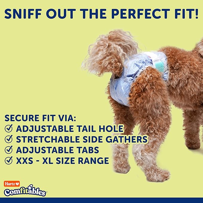 New! Hartz® Comfitables® Disposable Dog Diapers, Size XXS 12 Count, Comfortable & Secure Fit, Easy to Put On, Super Absorbent Male and Female Diaper