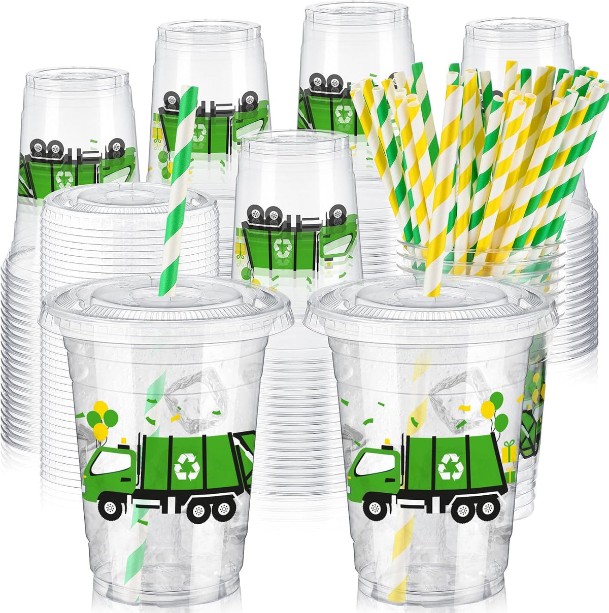 Domensi clear 12 oz Halloween ghost party cups with lids and pink striped paper straws - view 6