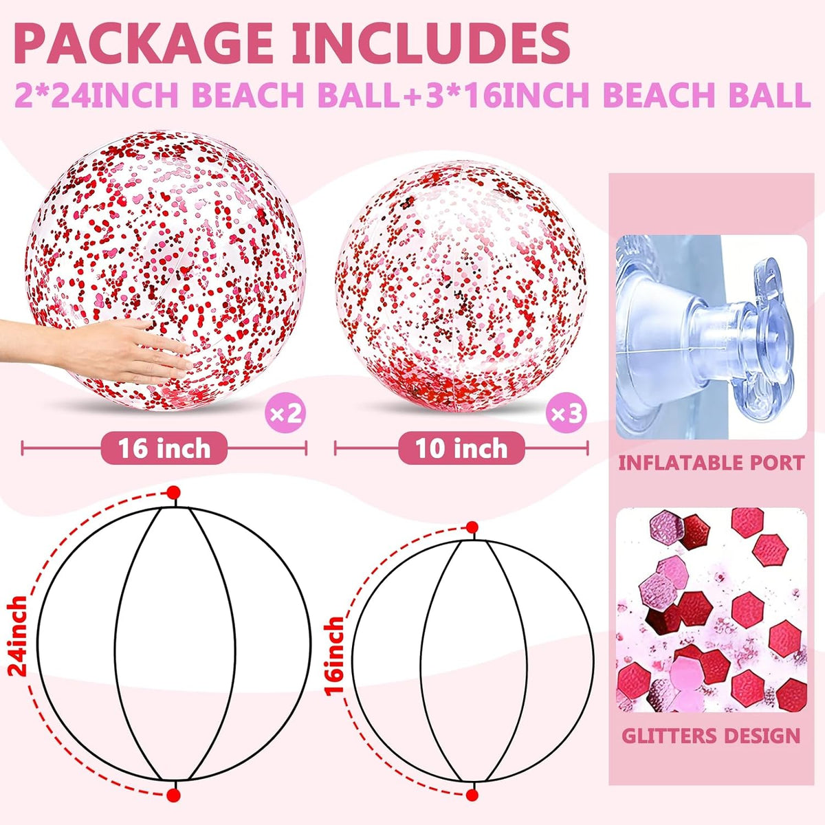 TURNMEON 5 Pack Sequins Beach Balls 16 Inch 24 Inch Pool Party - Red / 2 pcs 24inch+3 pcs 16inch - image 3