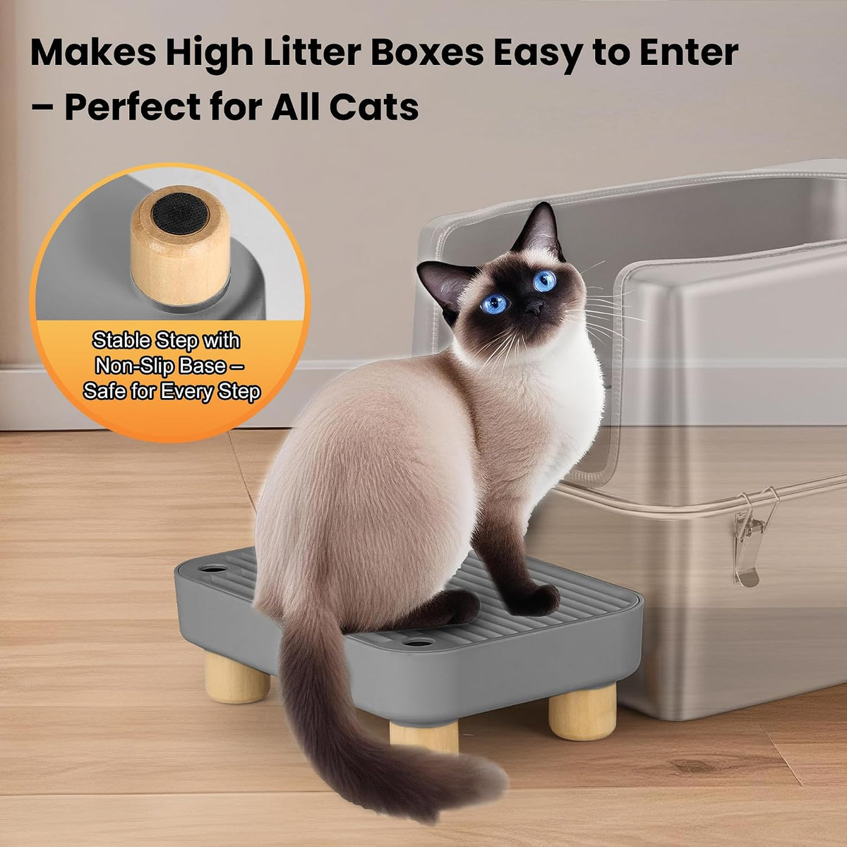 Litter Box Step, Litter Box Ramp/Catcher with Wooden Base - Dark Gray - image 4