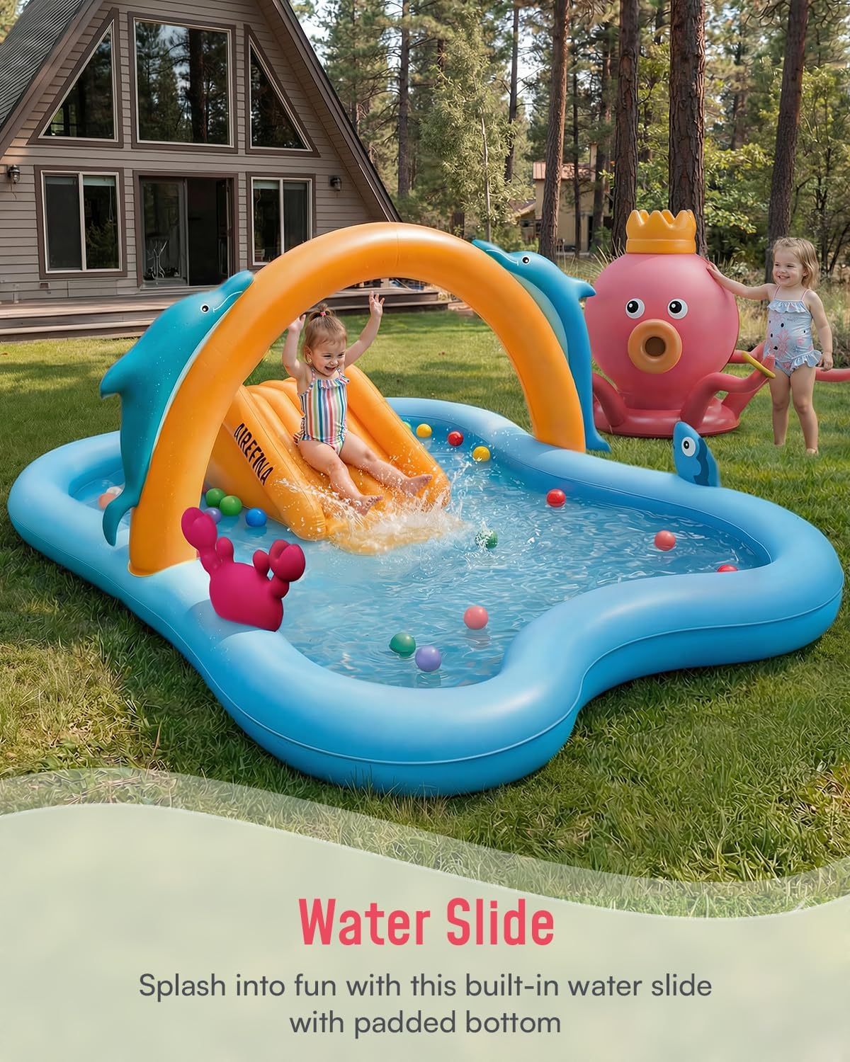 Inflatable Kids Pool, Airefina Dino Planet Inflatable Play Center Kiddie Pool with Water Slide - Octopus King - image 3