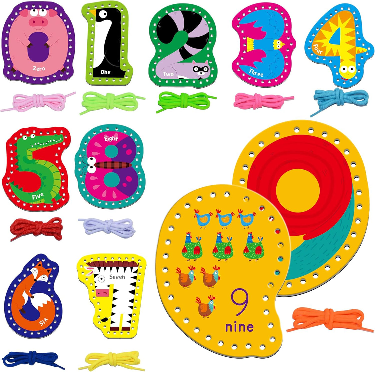 SpriteGru 9 Pieces Kids Lacing Cards - Number
