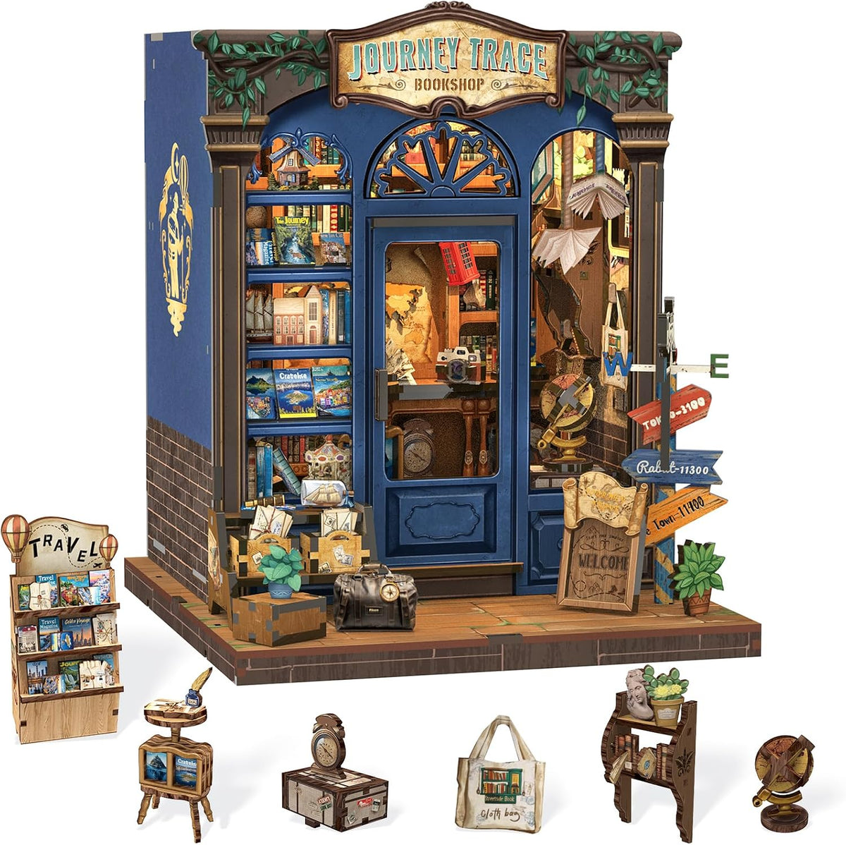 Owl Bookstore Book Nook Kit, 3D Wooden Puzzles with LED - Journey Trace Bookshop