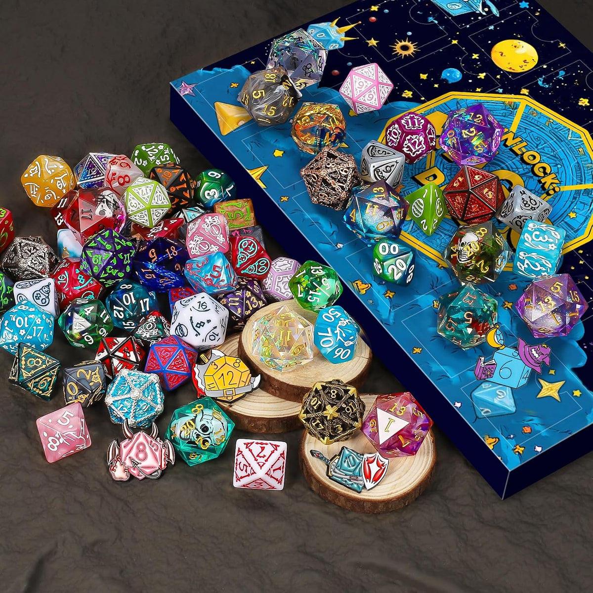 QMAY Mystery Dice Set – 7 Pcs Acrylic Polyhedral Dice + 1 Pcs Velvet Bag – Fun for Kids & Family - Mystery Dice Gift Box (24 Holes) - image 2