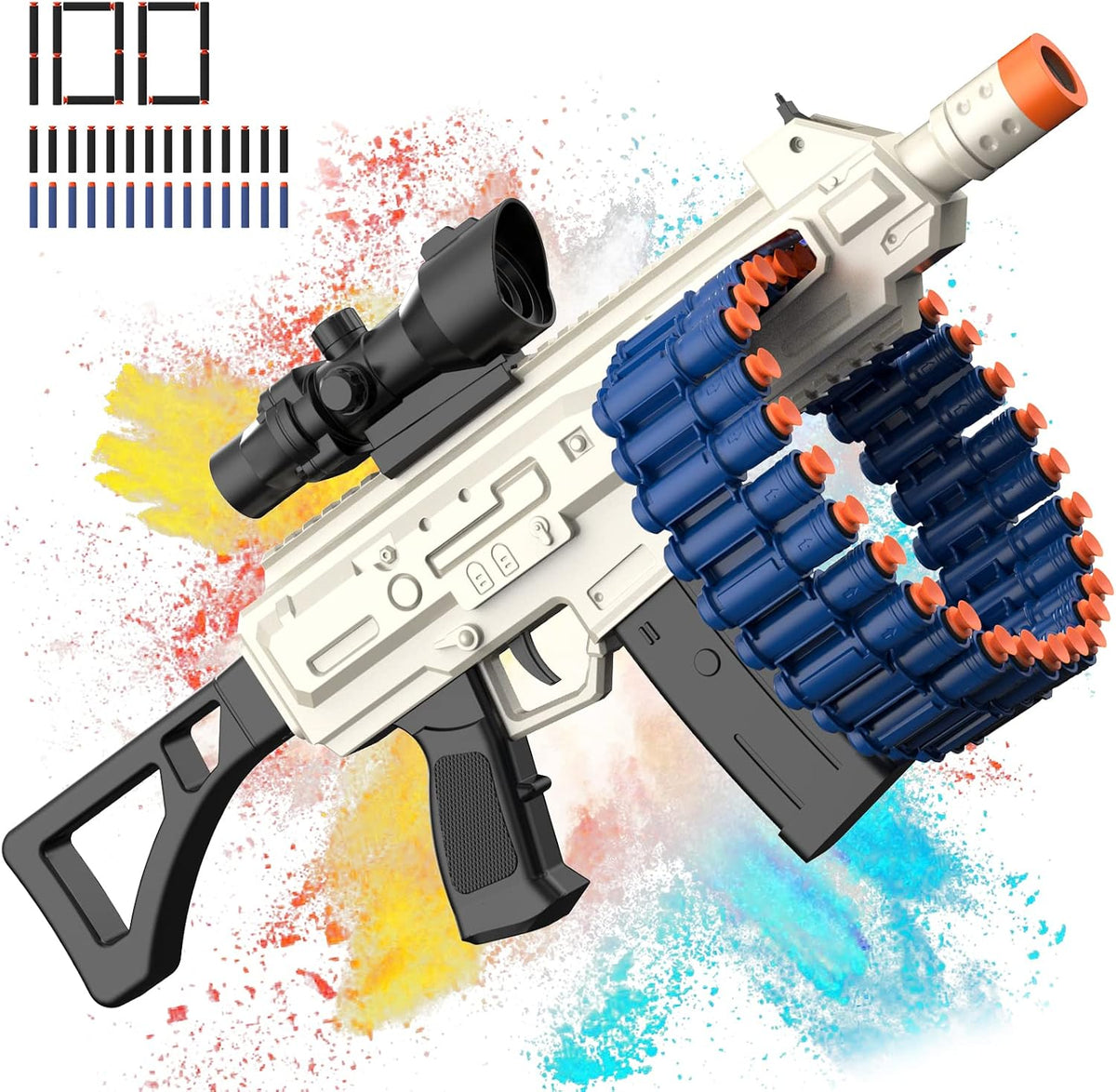 Toy Blaster with 30 Dart Clips and 100 Foam Darts - Bright White