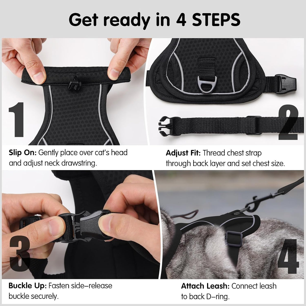 Dotoner Escape Proof Cat Harness and Leash Set Adjustable Soft Mesh - Black / Large - image 3