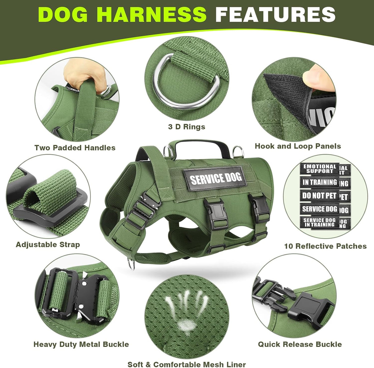 WINSEE Tactical Dog Harness with Dog Leash - Large / Green - image 2