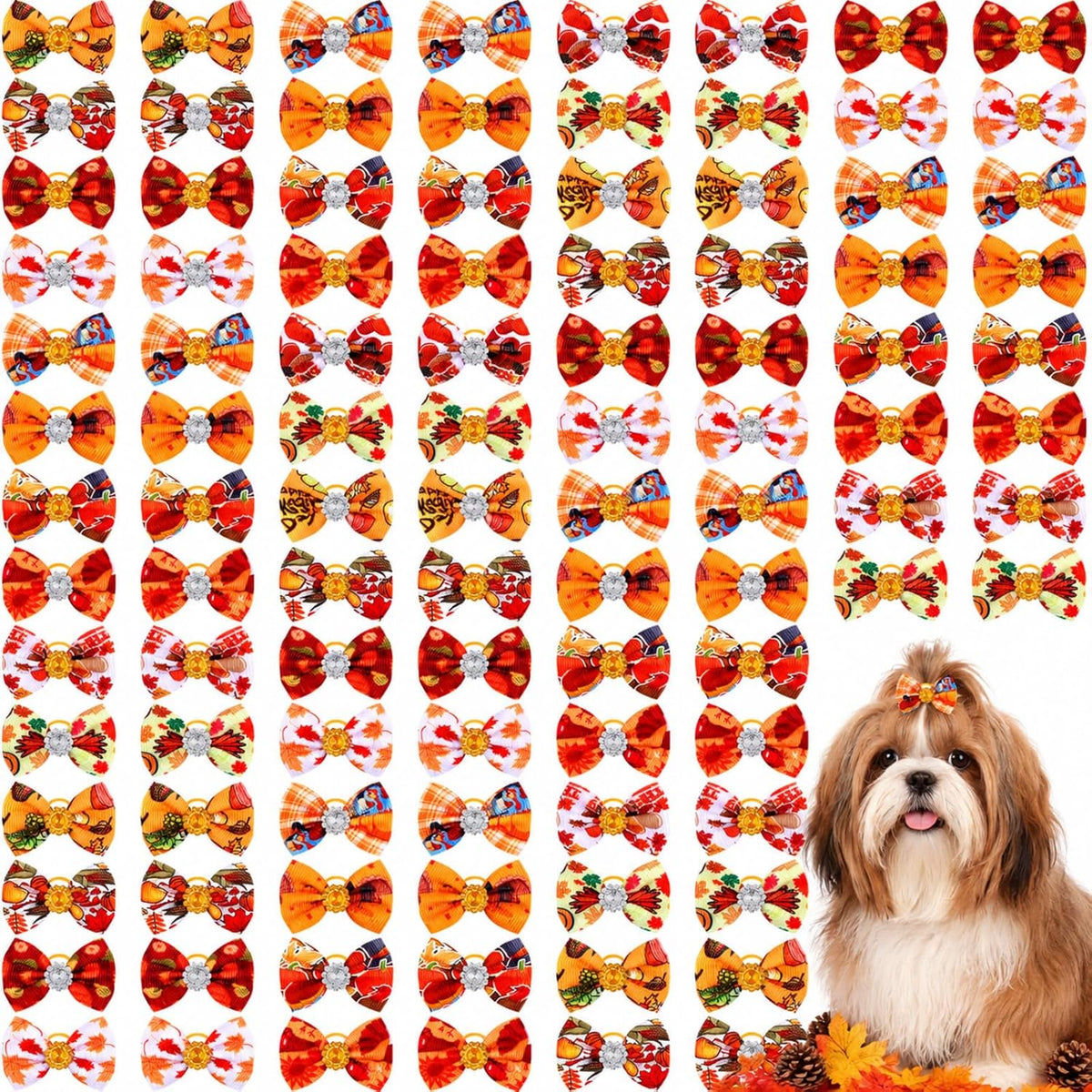 Tondiamo 100 Pack Halloween Dog Hair Bows Ghost Pattern Rubber Bands – Essentials for Dogs - Pumpkin Pattern