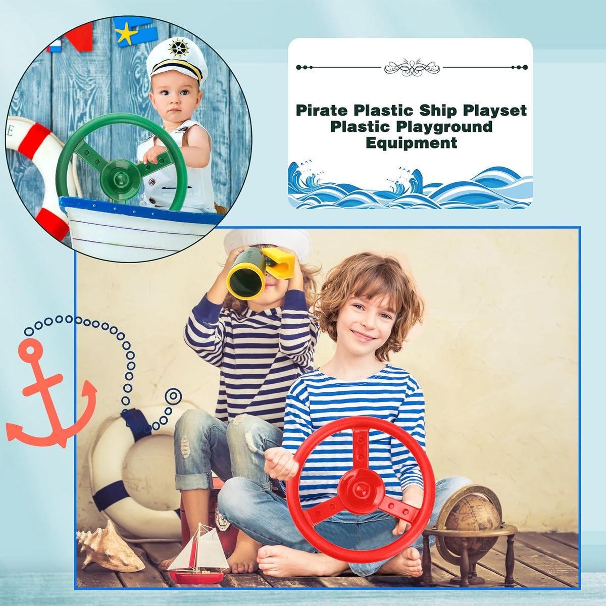 Haconba plastic pirate ship steering wheels for playsets in blue and red with mounting hardware - view 16