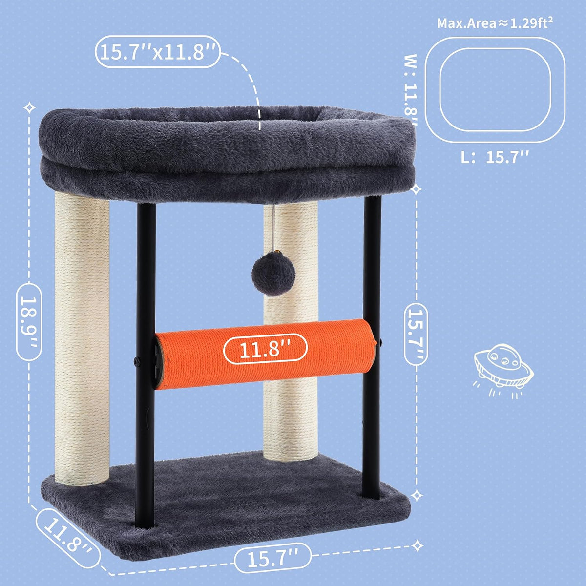 Hey-brother Cat Tree, Sturdy Tower with Sisal-Wrapped Columns - 18.9 inches / Smoky Gray - image 3