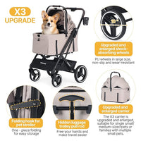 BEBEROAD X3 2 in 1 Pet Stroller for Medium or Two Small Dogs & Cats 4 Wheels Lightweight Foldable Carrier Dog Stroller with Waterproof Weather Cover Cup Holder,Storage Basket(Camel)