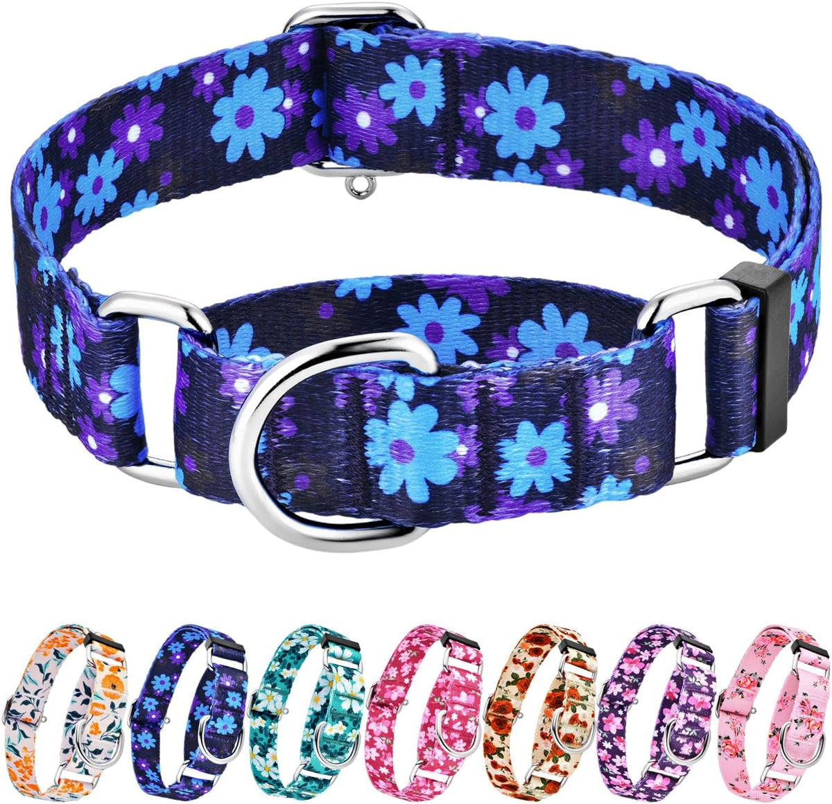 Hikiko Martingale Dog Collar Without Buckle - Navy Blue Flower / Medium