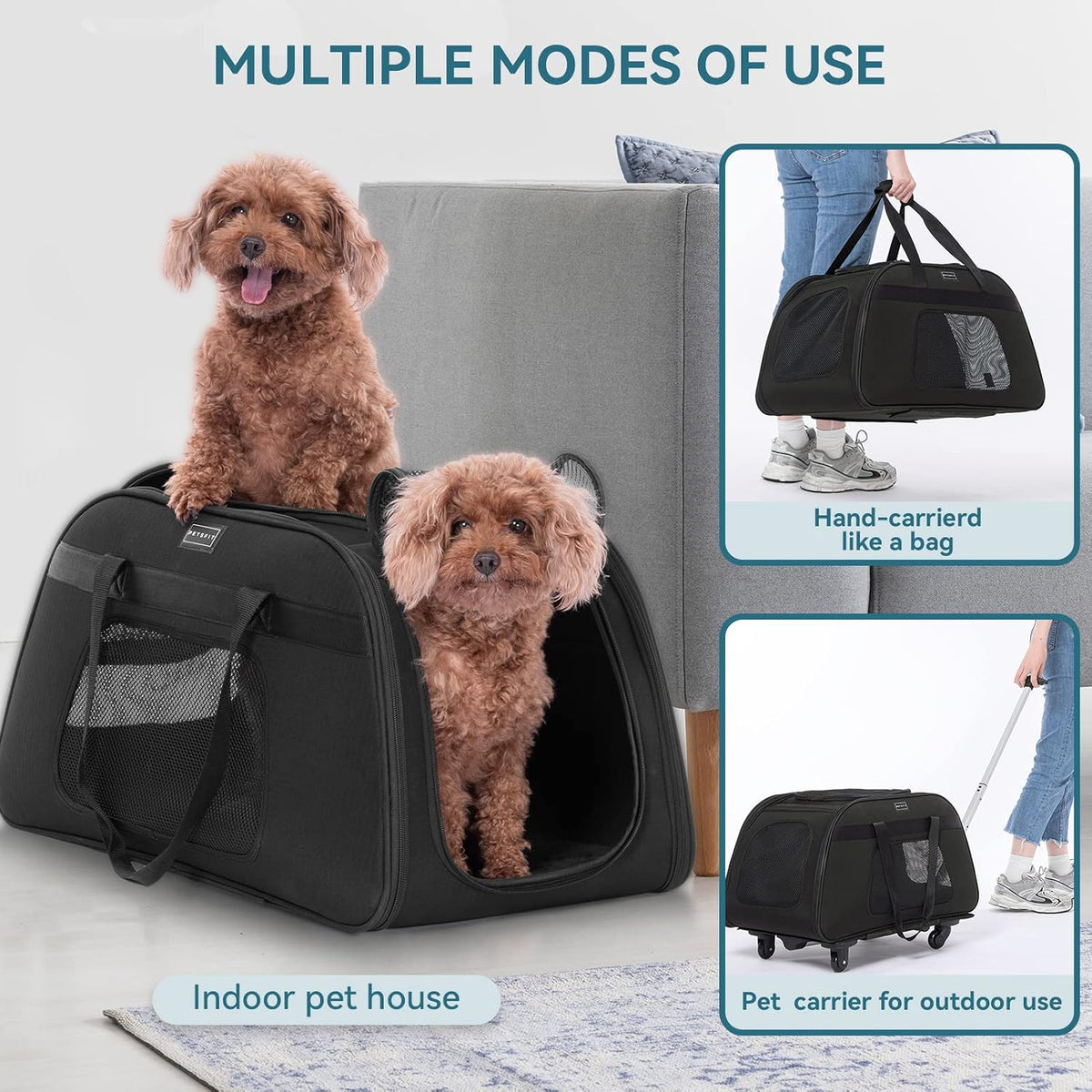 Petsfit Cat Carrier with Wheels, Removable Spinner Wheels - 25.5"L x 14.0"W x 14.0"H / Black - image 4
