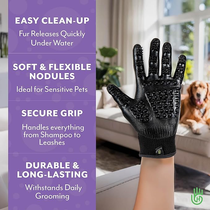 H Handson Pet Grooming Gloves - Cat, Dog, Horse Gentle Hair Remover Brush - Mitt For Long & Short Haired Fur - Shedding, Bathing & Massaging Glove (Purple, Small)