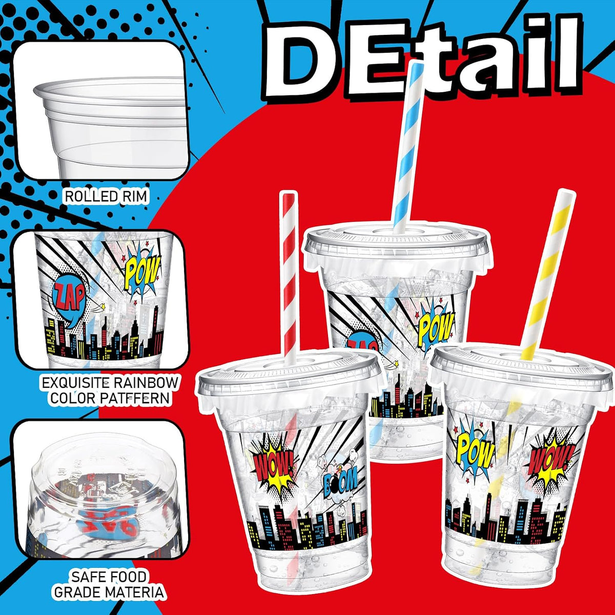 Teenyyou 12 oz clear plastic party cups with dirt bike design, lids and paper straws - view 11
