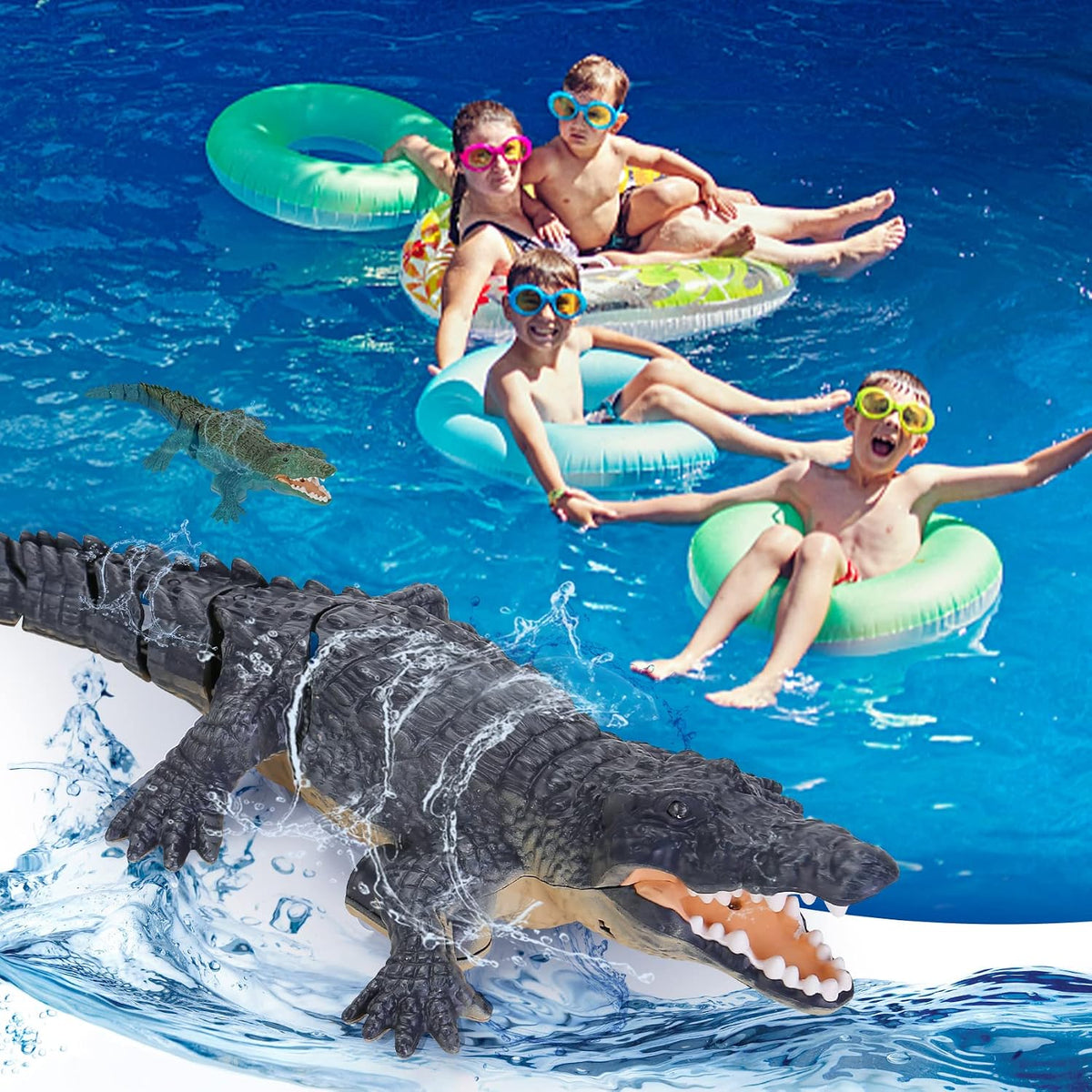 GearRoot remote control crocodile boat toy with glowing eyes swimming in a pool - view 7