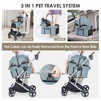 T3 Pro 3-in-1 Small Pet Stroller for Dog & Cats, 4 Wheels with Detachable Carrier with Pad, Canopy and Cup Holder, Green