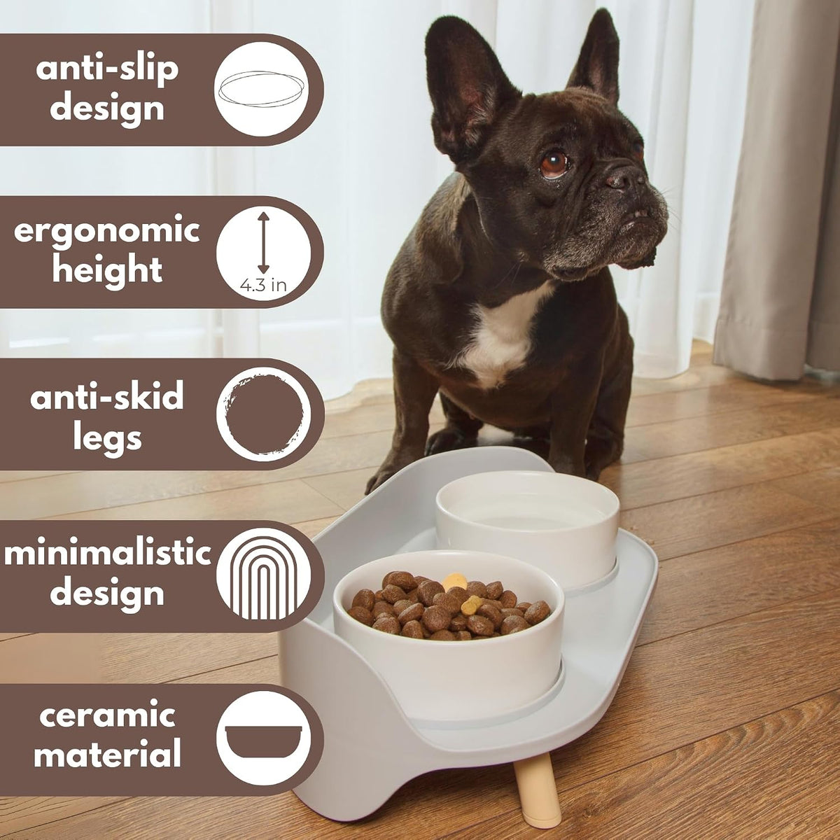 A4DOG Ceramic Dog Bowls with Stand - 13.5 OZ / White / Gray - image 2