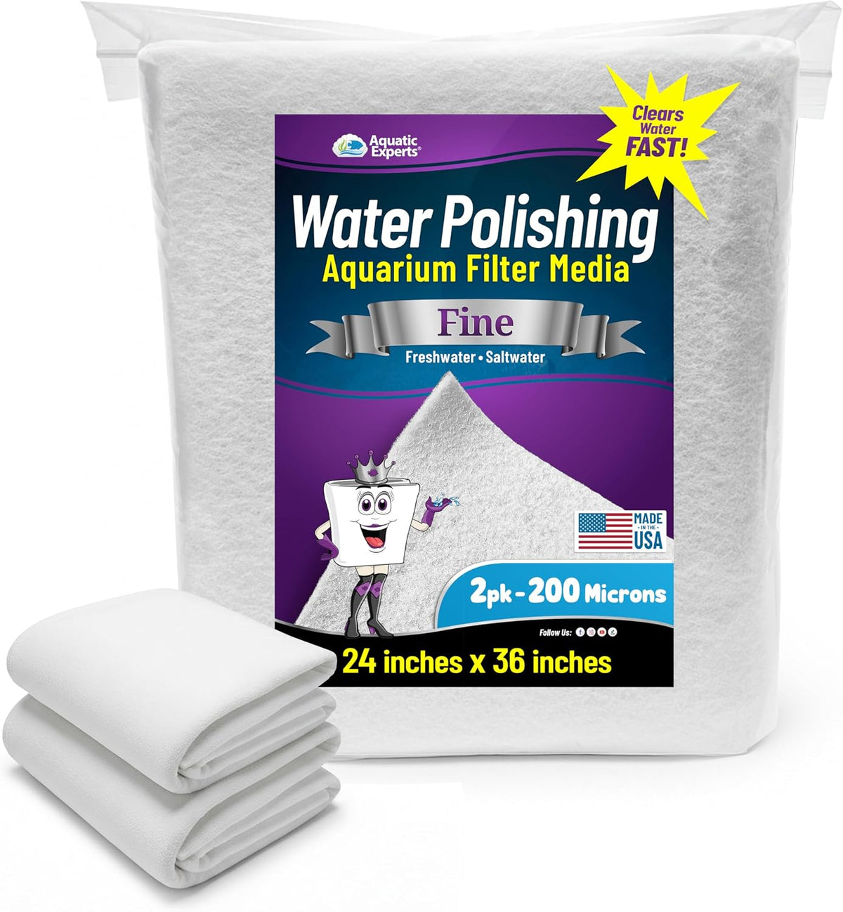 Aquatic Experts Aquarium Polishing Filter Pad - Fine – 200 Micron / 24" x 36 - 2 pack
