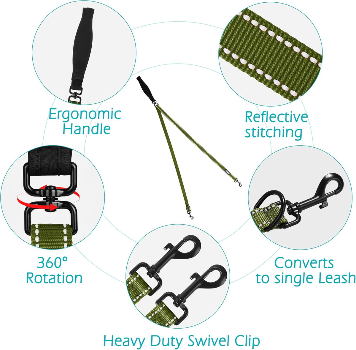 Two Point Control Dog Leash, No Tangle Training Walking Leashes – Essentials for Dogs - Khaki Green - image 3