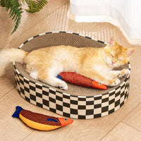 Conlun Oval Cat Scratcher Bed - Checkerboard with Cat Toy Fish / Medium (16.9"L x 12.9"W x 3.5"Th)