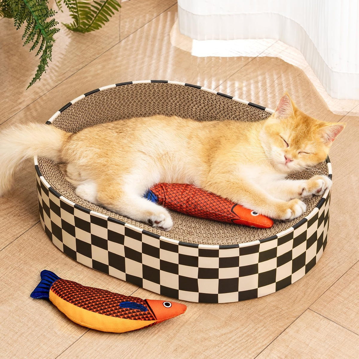 Conlun Oval Cat Scratcher Bed - Checkerboard with Cat Toy Fish / Medium (16.9"L x 12.9"W x 3.5"Th)