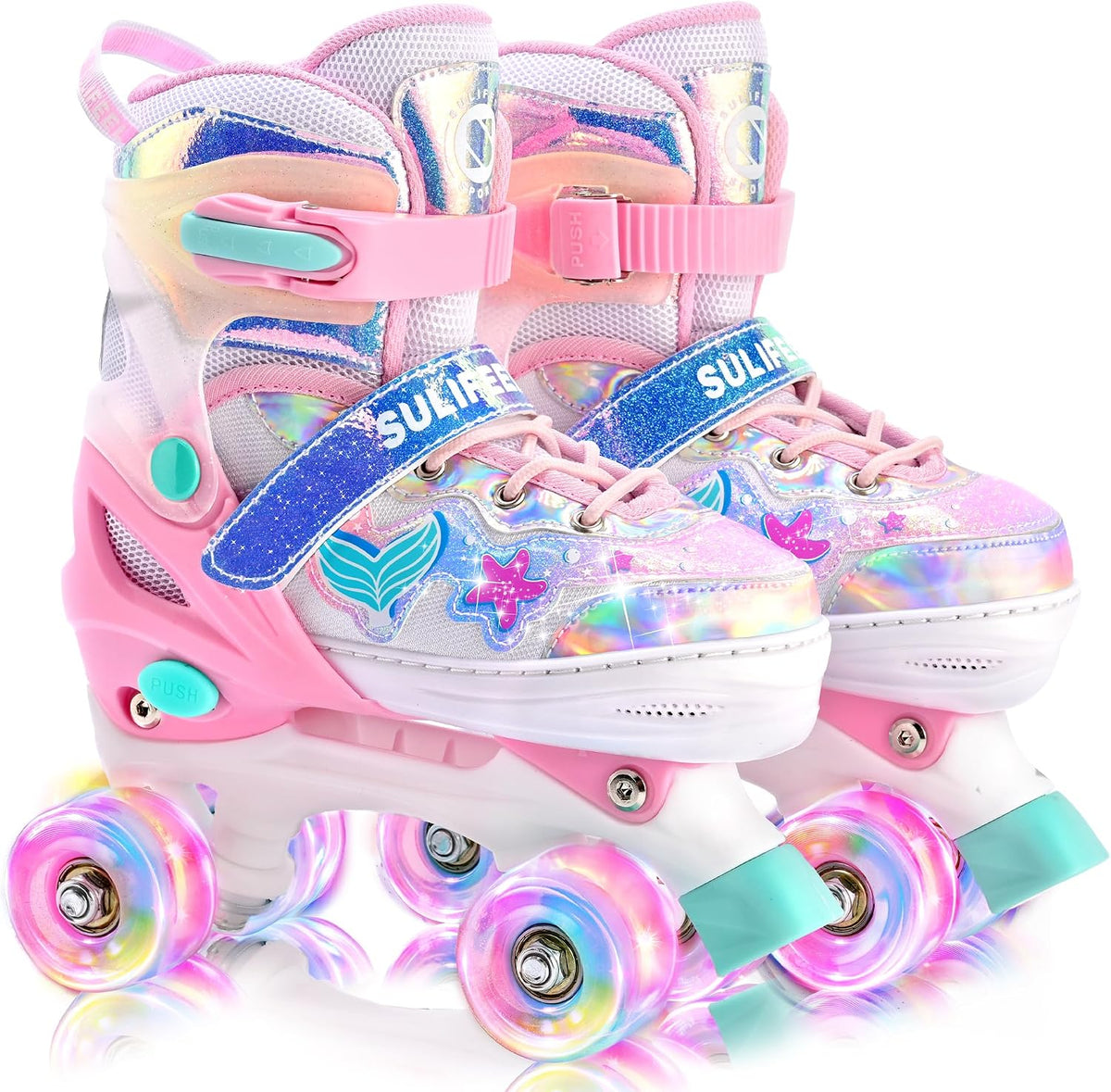 SULIFEEL Adjustable Kids Roller Skates, Light up Wheels – Fun for Kids & Family - E Seashell Pink / Small - Little Kid