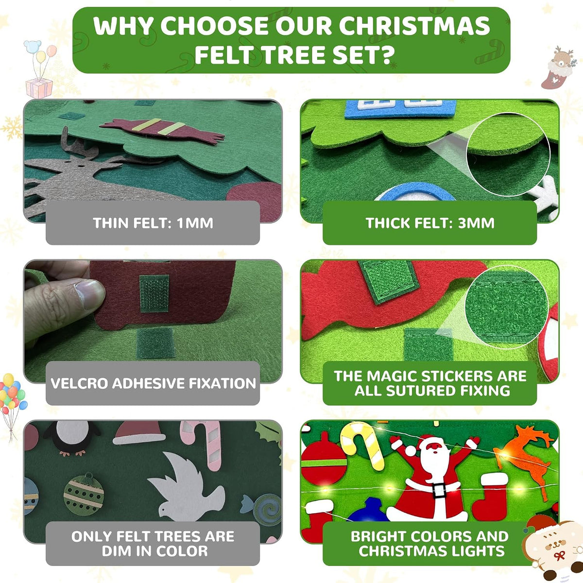 Onekka felt Christmas tree for kids on a wall with felt ornaments and string light - view 4