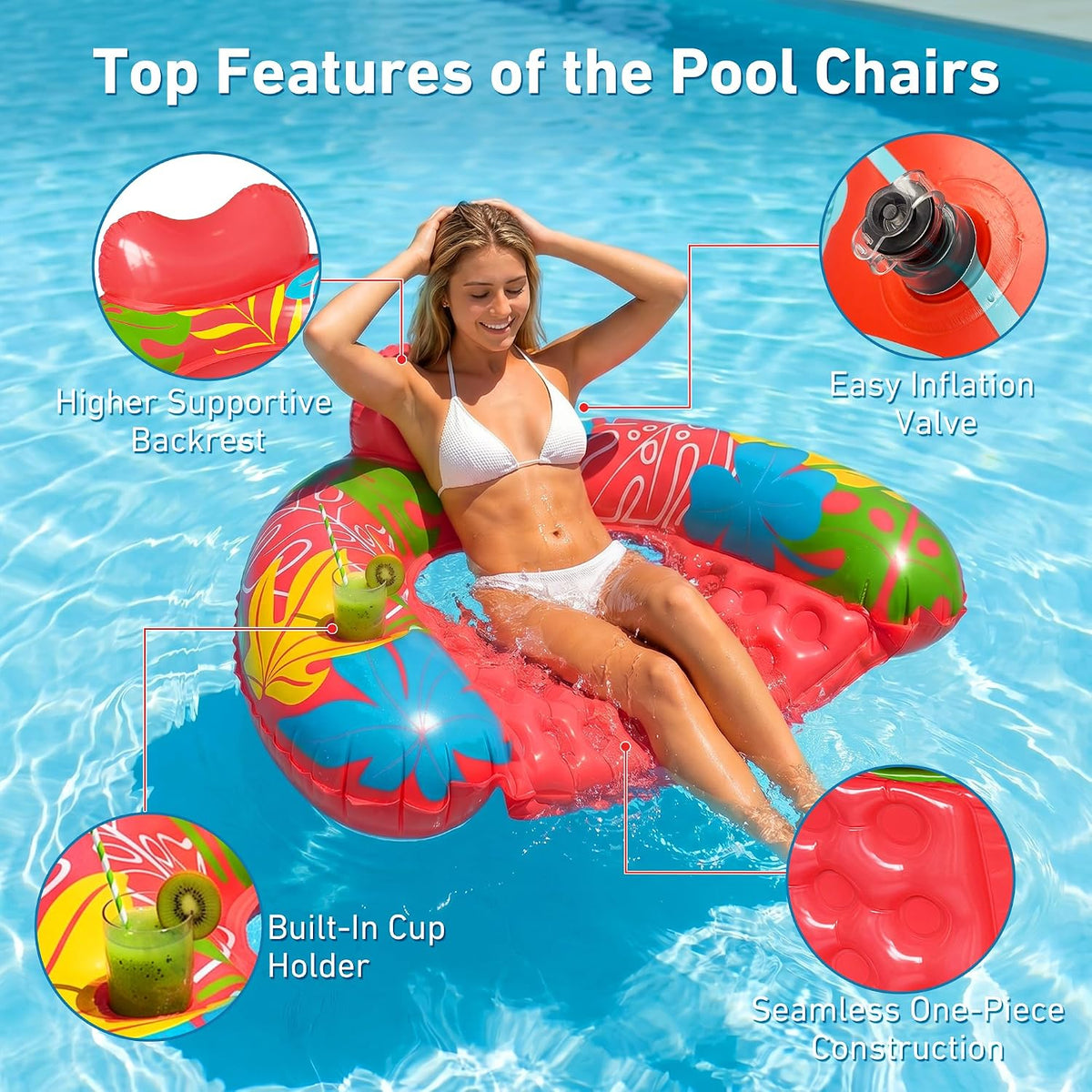 SEETOHOME 3 pack inflatable pool float chairs for adults in blue, green and pink - view 6