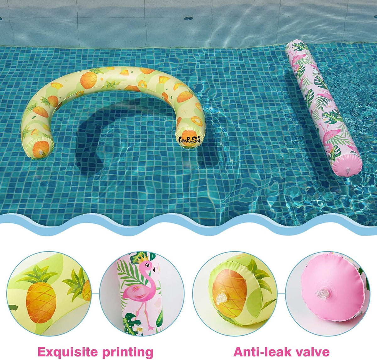 WERNNSAI 2 pack inflatable pool noodles, pink flamingo and yellow pineapple designs - view 2