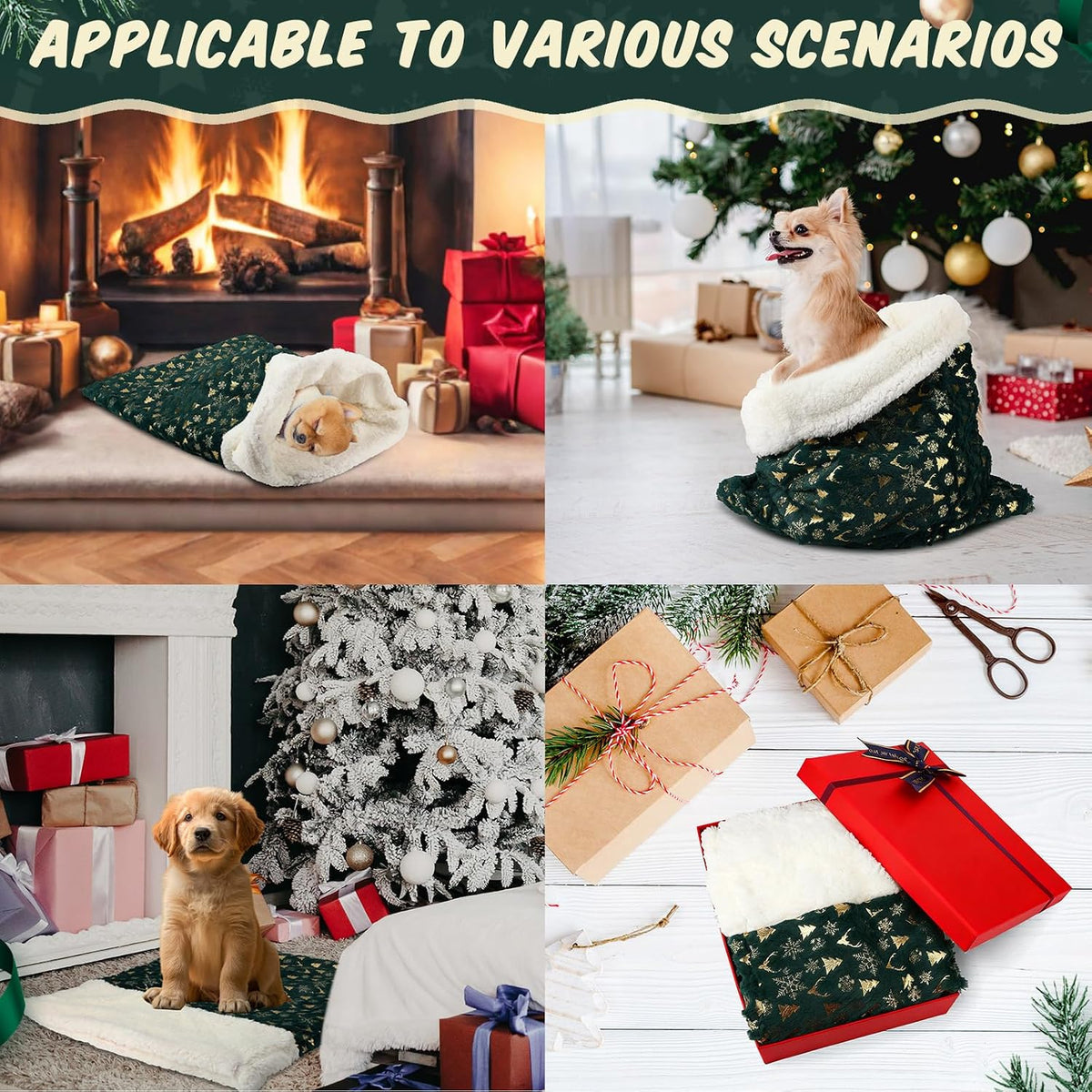 Self Heating Cat Sleeping Bag Indoor Self Warming Cat Bed Cave Heated - Christmas Style / Green - image 2