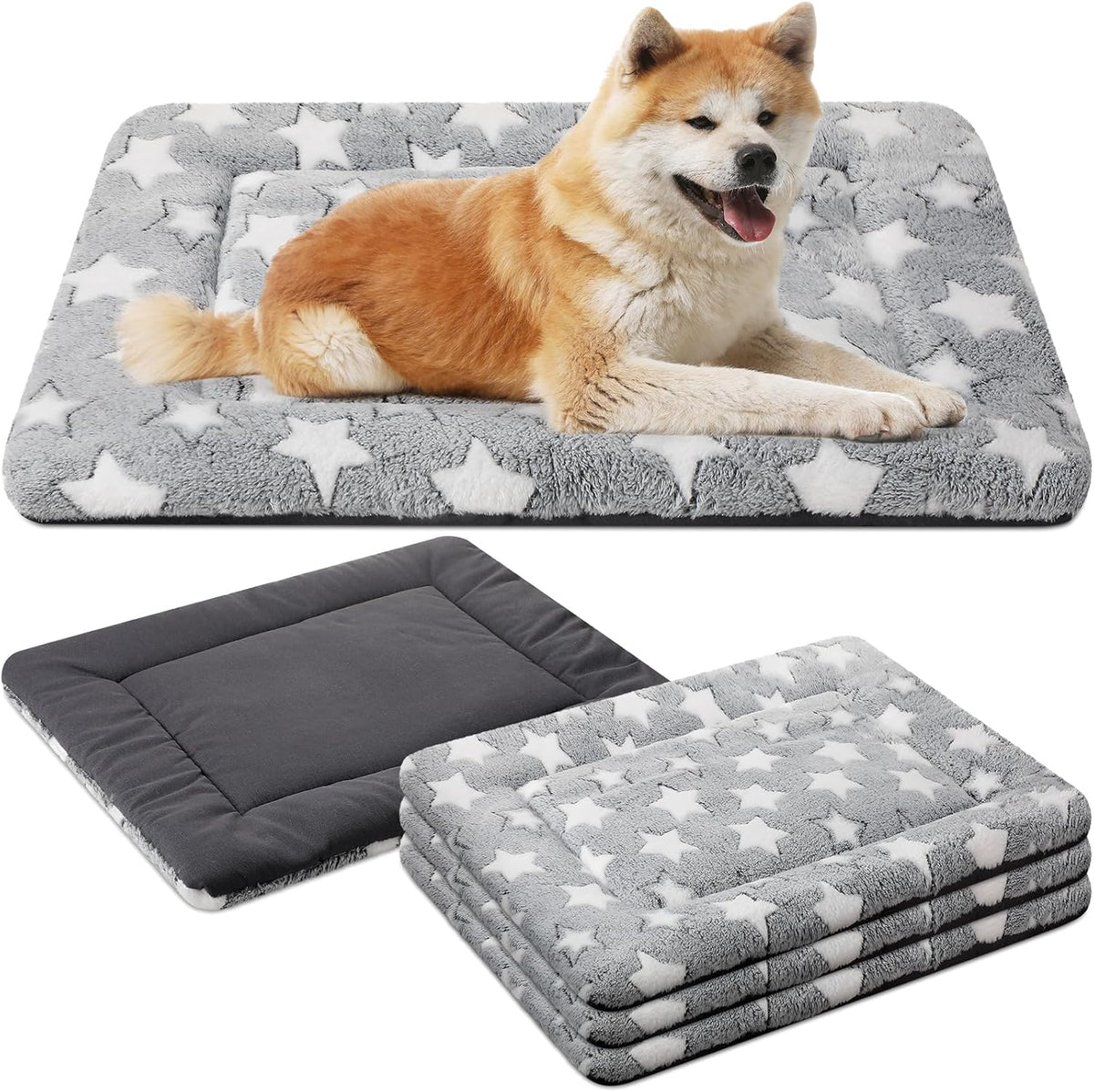 4 Pcs Dog Crate Pads Soft Warm - Rectangular 20 x 30 x 1.6 Inch / Star / Gray