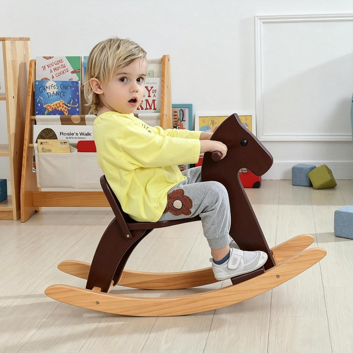 KRAND natural pine kids wooden rocking horse with handrail, backrest and foot pedal - view 6