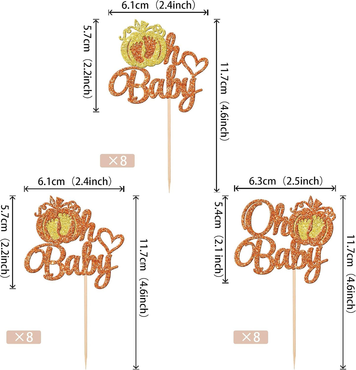 24 PCS Pumpkin Oh Baby Cupcake Toppers Glitter Fall Theme pumpkin - Pattern 1 Orange - image 2