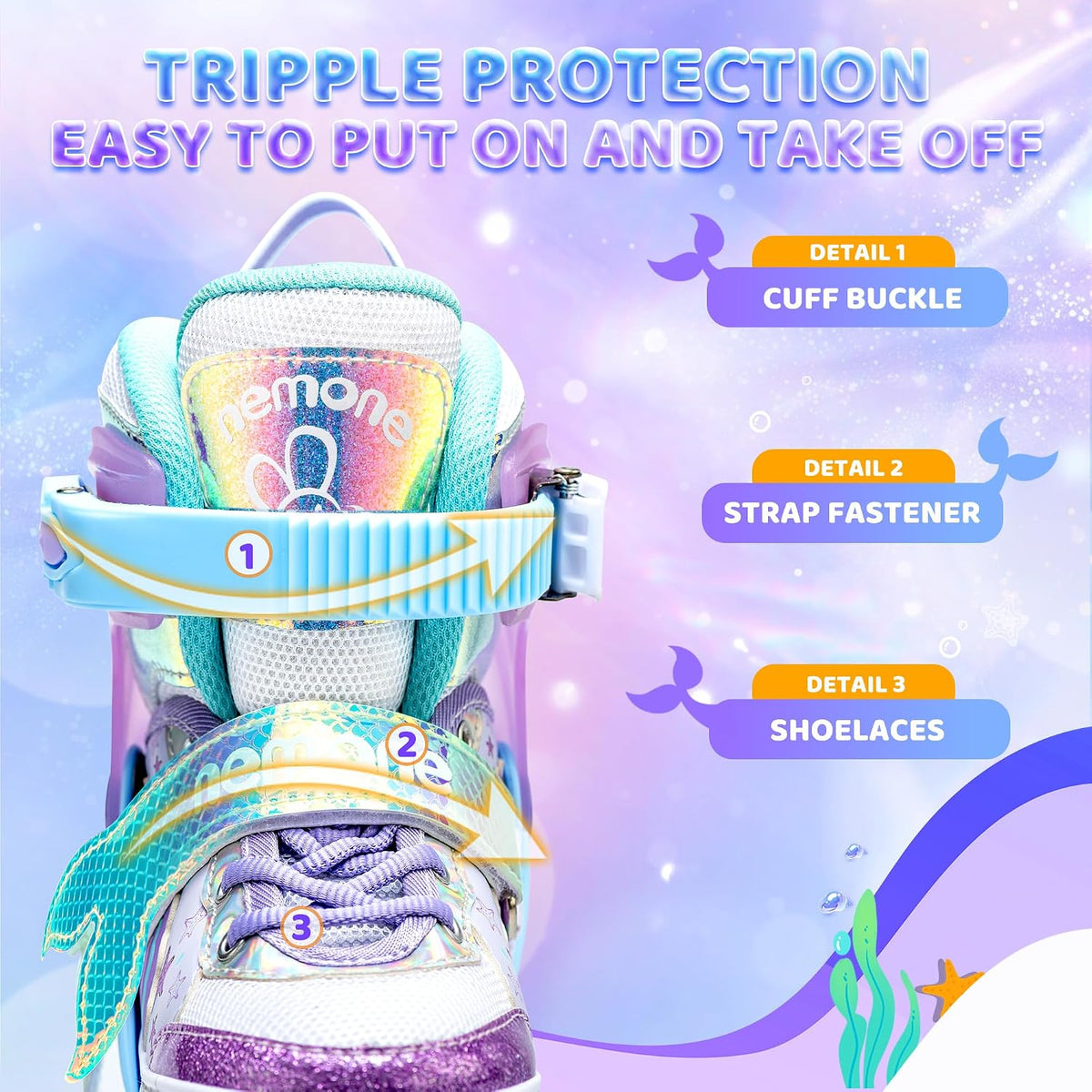 NEMONE Mermaid Adjustable Light up Roller Skates for Girls Boys – Fun for Kids & Family - A- Ocean Mermaid / Medium - Big Kid - image 2