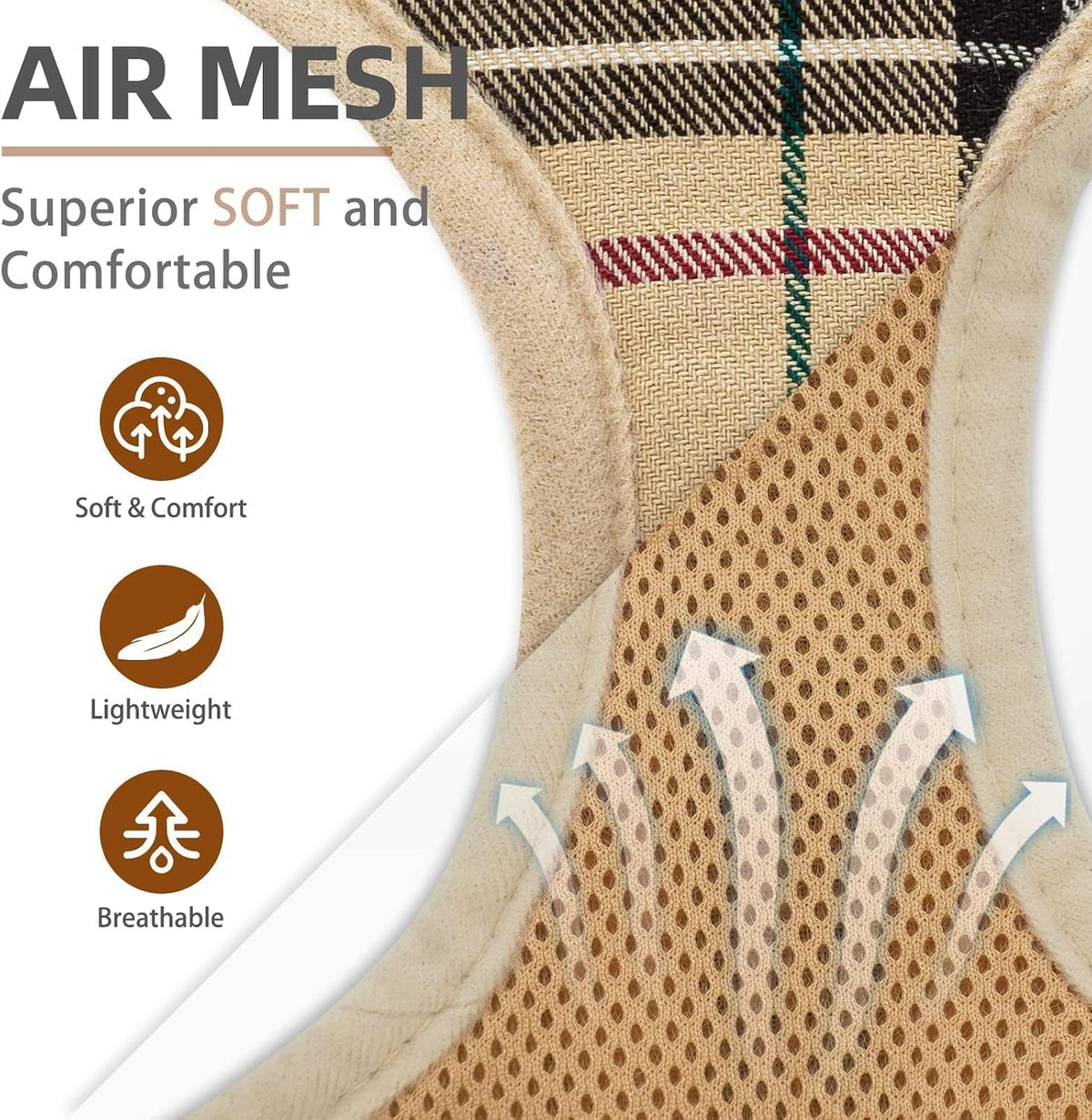 Pupteck Soft Mesh Dog Harness Sized and Leash Set Pet Puppy Cat - Beige / M (NECK: 14", CHEST: 17"-21") / Classic over-the-head harness - image 2