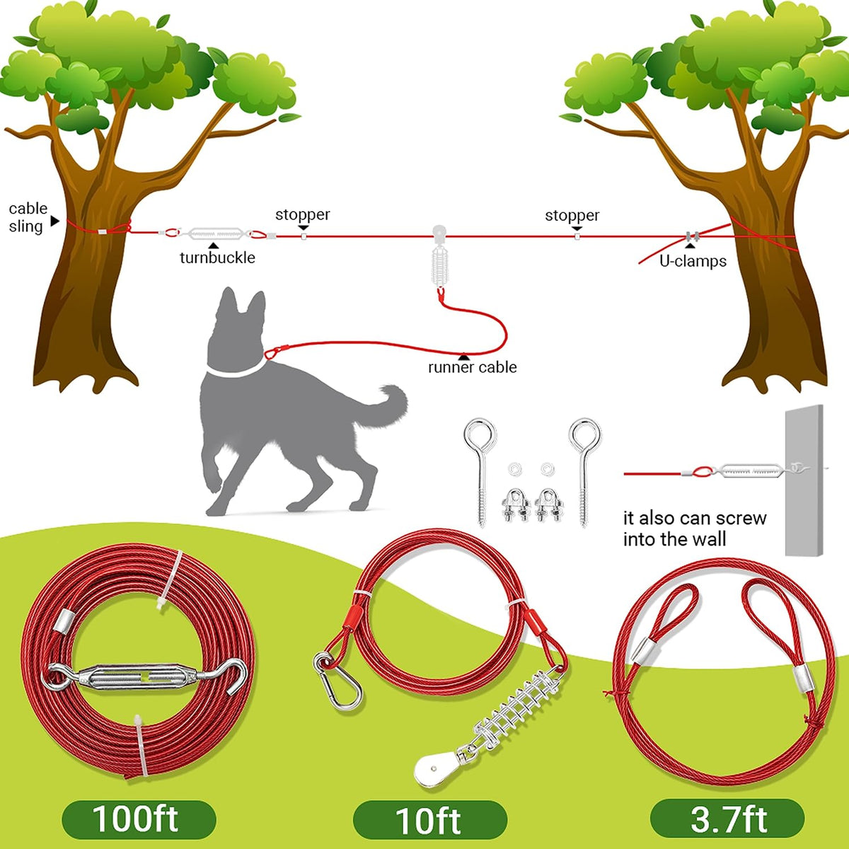PAWNISAW Dog Runner Cable for Yard - Red / 100 FT - image 2
