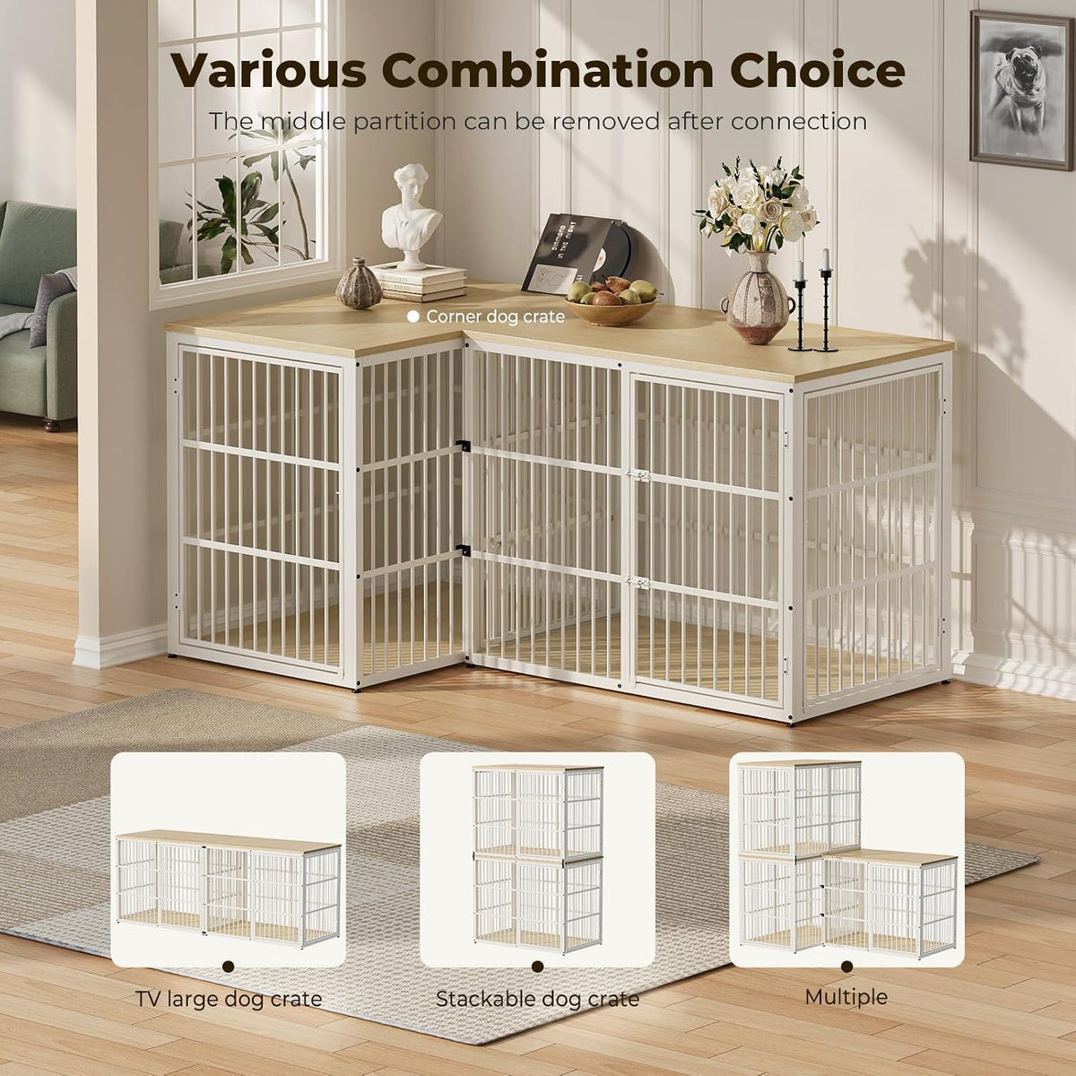 Lyromix 48'' XXL Dog Crate Furniture with 3 Doors for Large Dogs – Essentials for Dogs - Natural Beech / 47.2"L x 29.1"W x 37.6"H - image 2