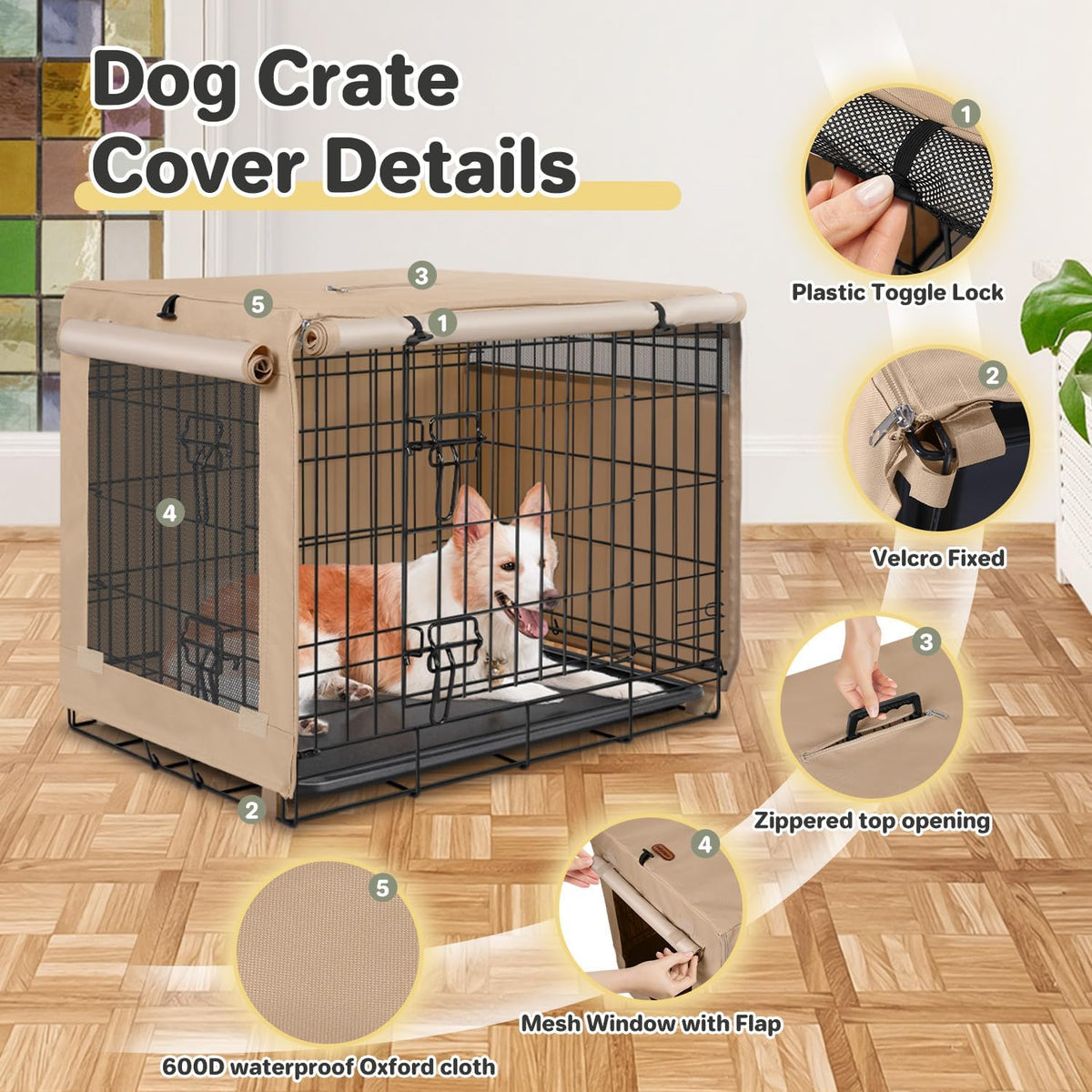 Dog Crate Cover, Kennel Covers Fit for 30 Inch Dogs Crate - Beige (with left window) / 24 Inch - image 3
