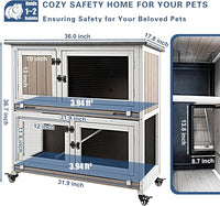 36" L Guinea Pig Cages Wooden, 2 Story Rabbit Cage Indoor Guinea Pig Habitat on 4 Metal Wheels and 2 Deeper Pull-Out Trays, Ramp, Leak Proof Guinea Pig Cages Indoor Small Animal Cage, Grey