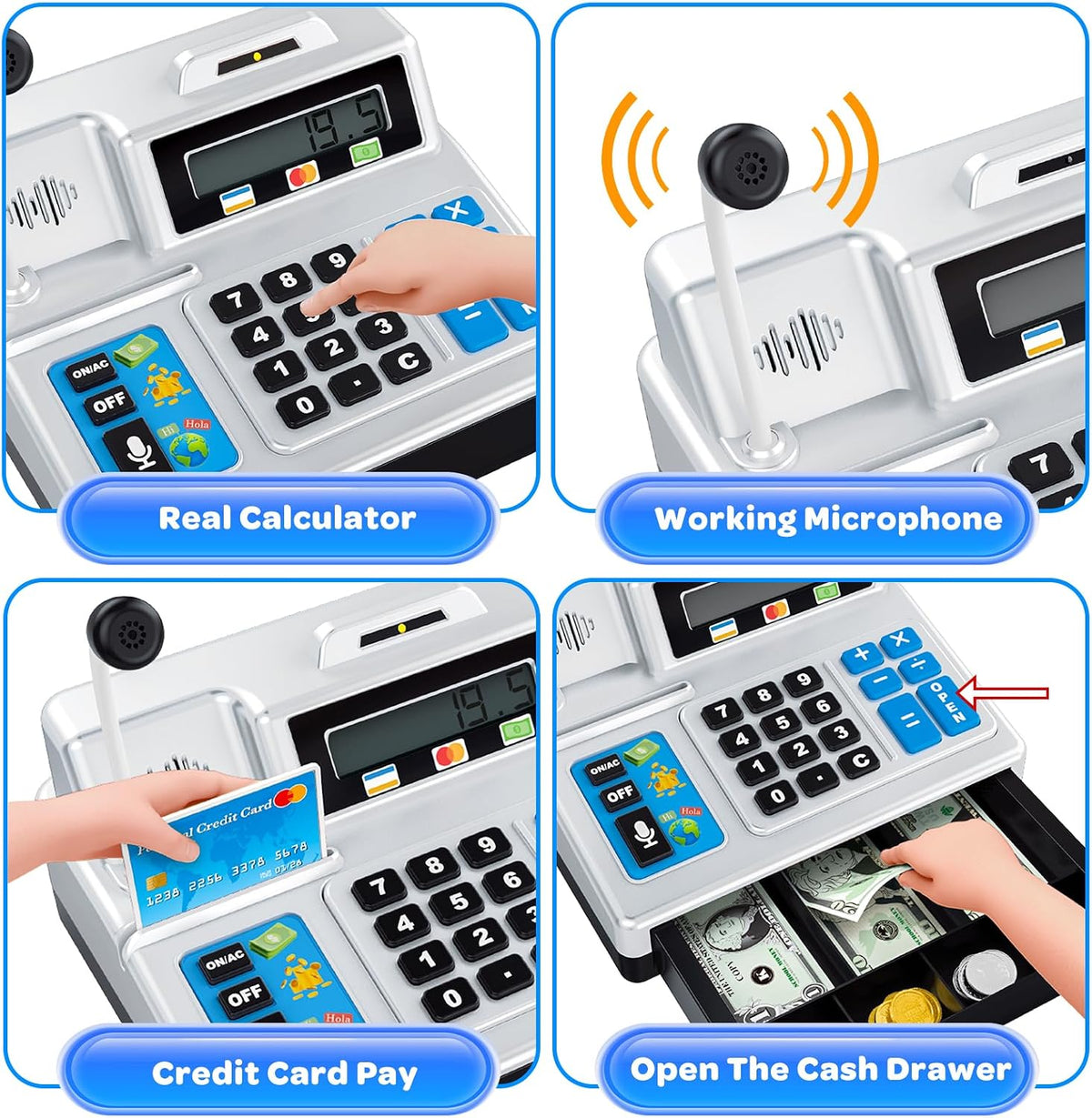 BAODLON silver toy cash register with calculator, microphone and credit card - view 3