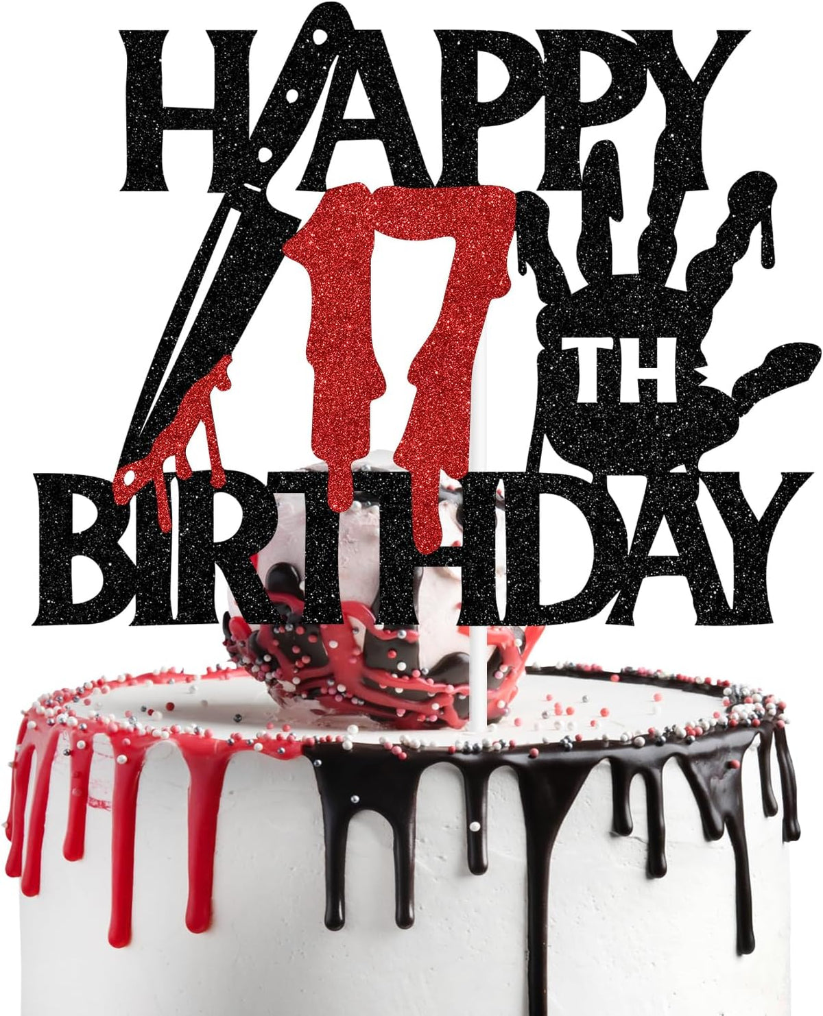 Black glitter Killer Happy 13th Birthday cake topper for a horror Halloween party - view 9