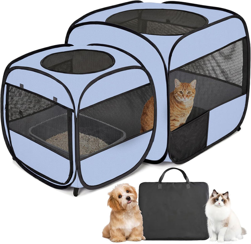 2-in-1 Dog Playpen, 58''Pop Up Cat Puppy Pet Playpen Indoor/Outdoor Cats Enclosed, Cat Dog Tent - Gray / Combo, 54"x 31.5"x 27.6"H