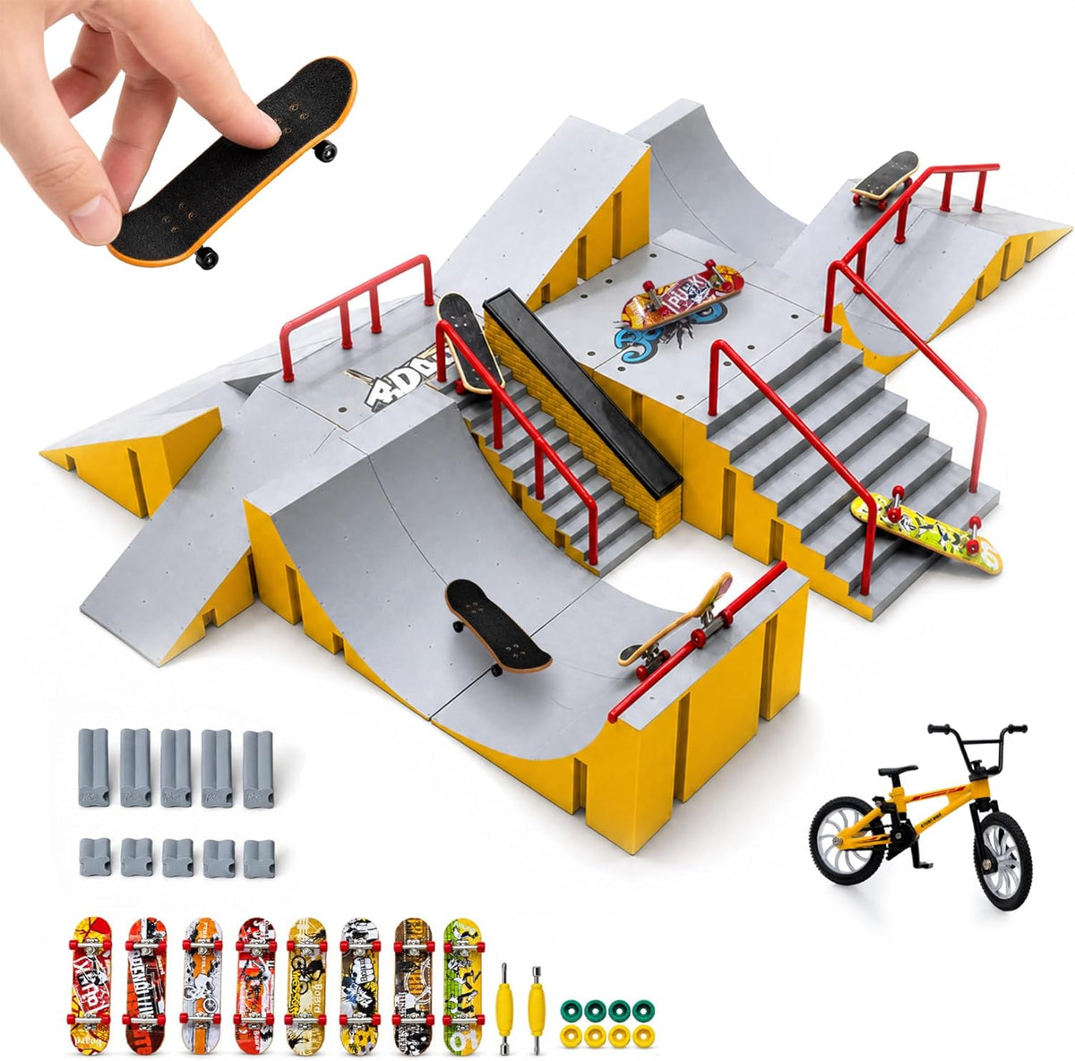 RNGODO 14-in-1 fingerboard skatepark set with ramps, rails, 8 finger skateboards and finger bike