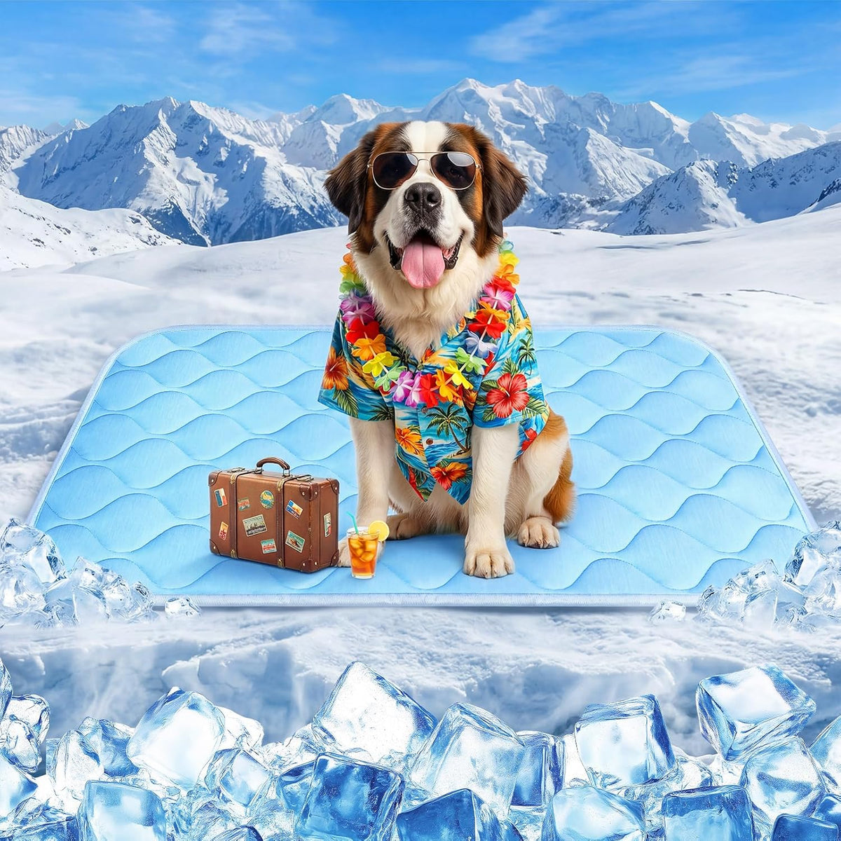 Dog Cooling Mat for Large Dogs - Ice Blue Wave Stitching / X-Large
